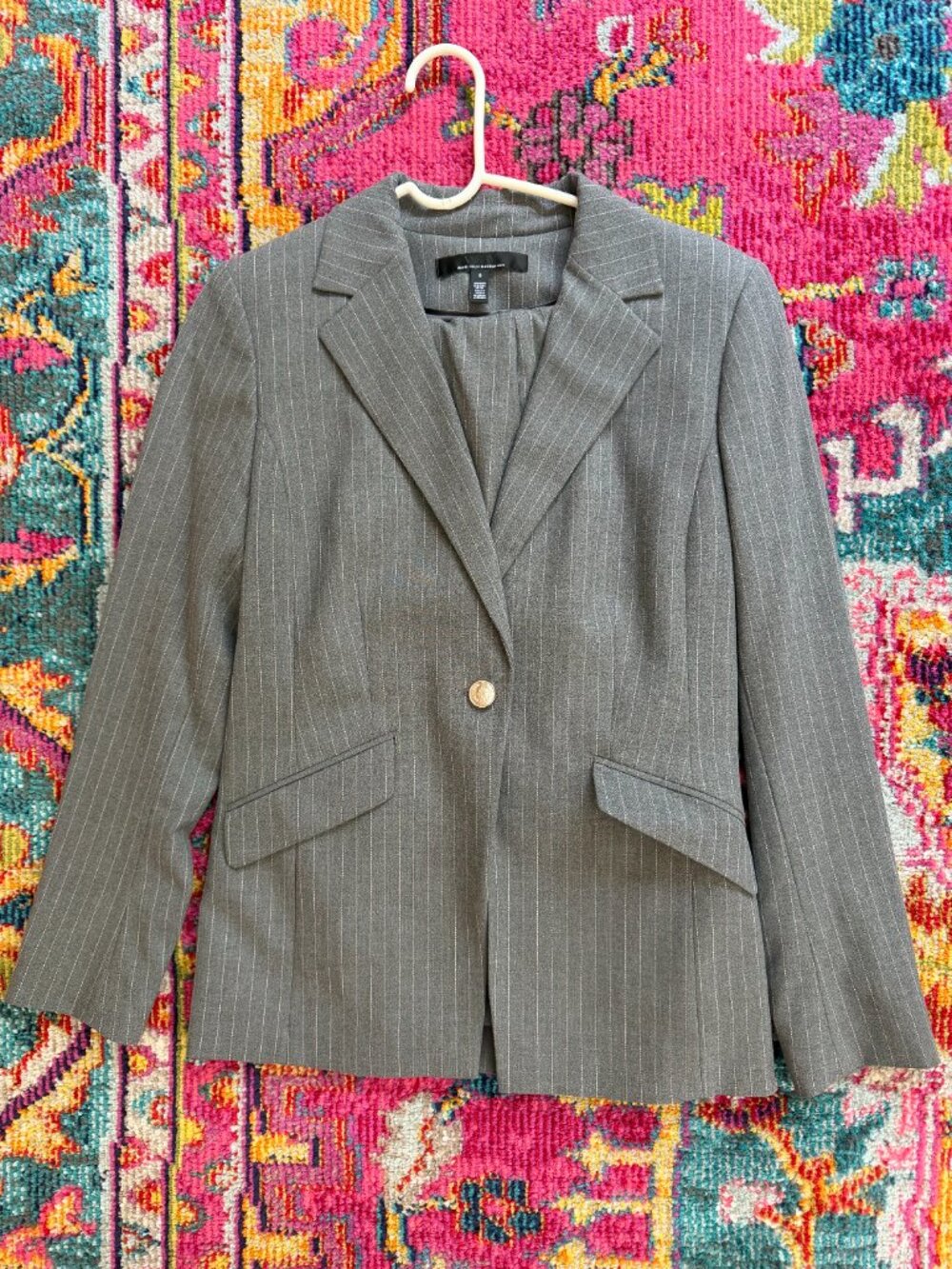 White House Black Market Gray and Pink Pinstripe One-Button Blazer